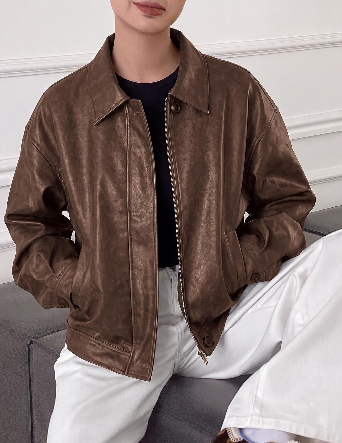 image:imagePRETTYGARDEN Womens Faux Leather Oversized Motorcycle JacketsBrown