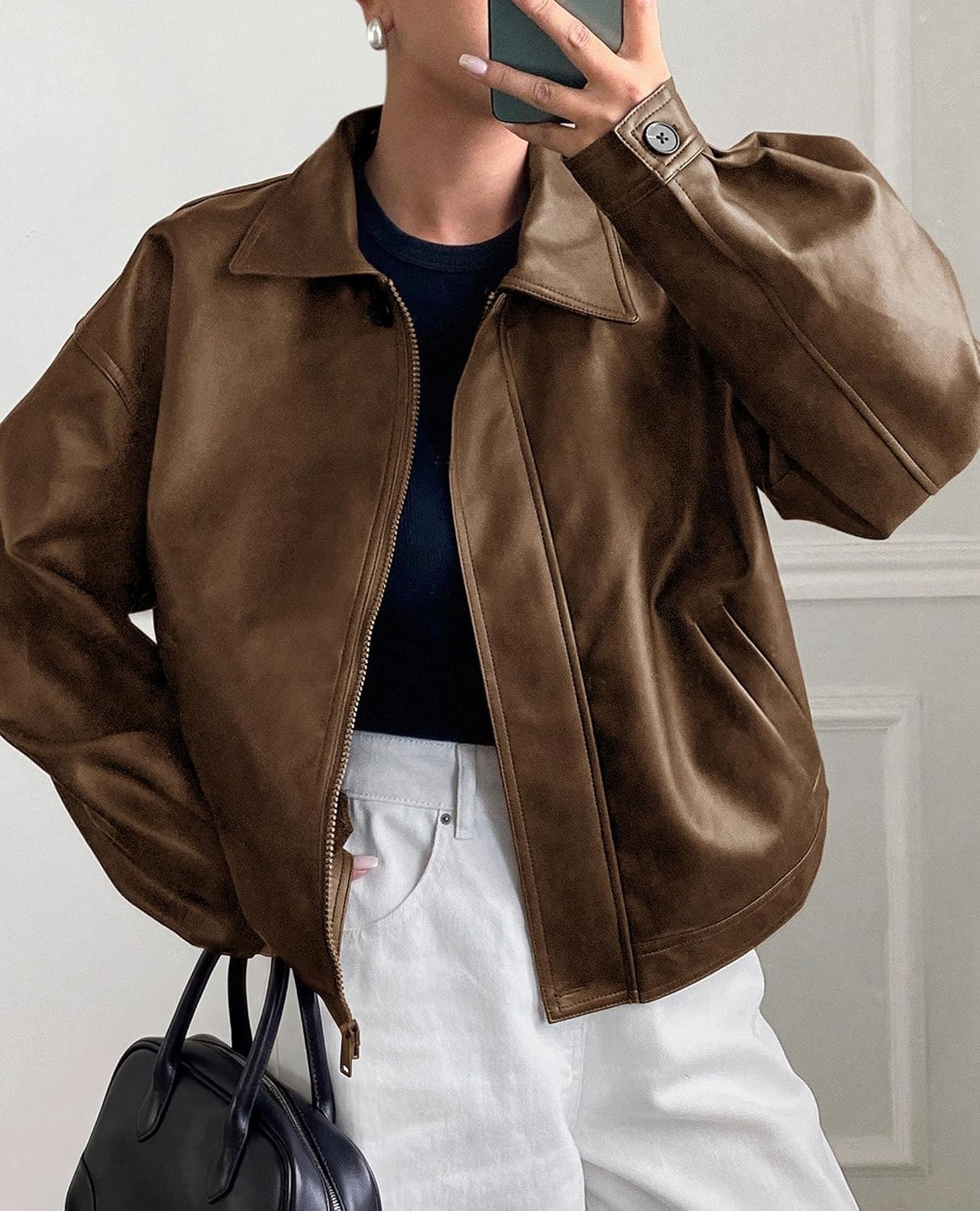 image:imagePRETTYGARDEN Womens Faux Leather Oversized Motorcycle JacketsBrown