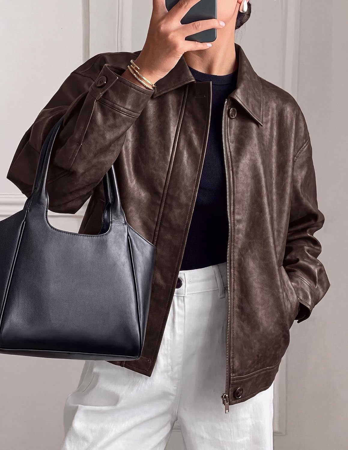 image:imagePRETTYGARDEN Womens Faux Leather Oversized Motorcycle JacketsCoffee
