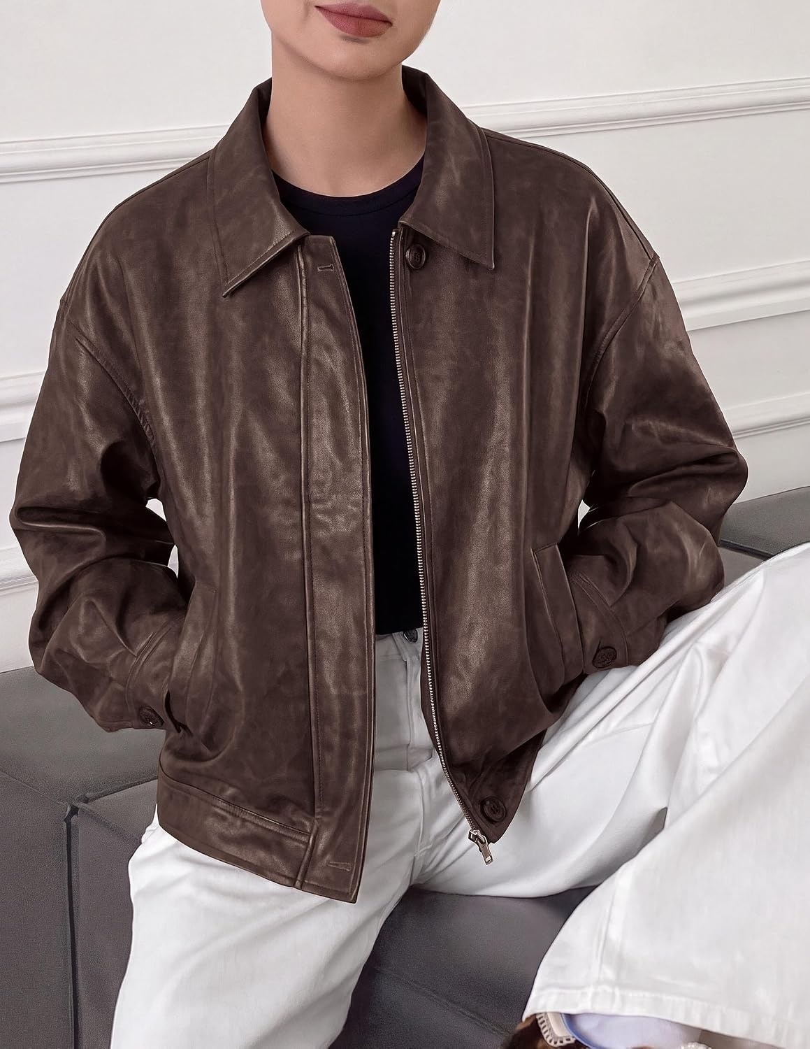 image:imagePRETTYGARDEN Womens Faux Leather Oversized Motorcycle JacketsCoffee