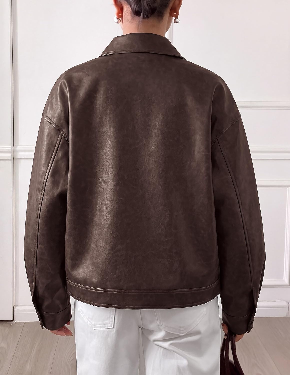 image:imagePRETTYGARDEN Womens Faux Leather Oversized Motorcycle JacketsCoffee