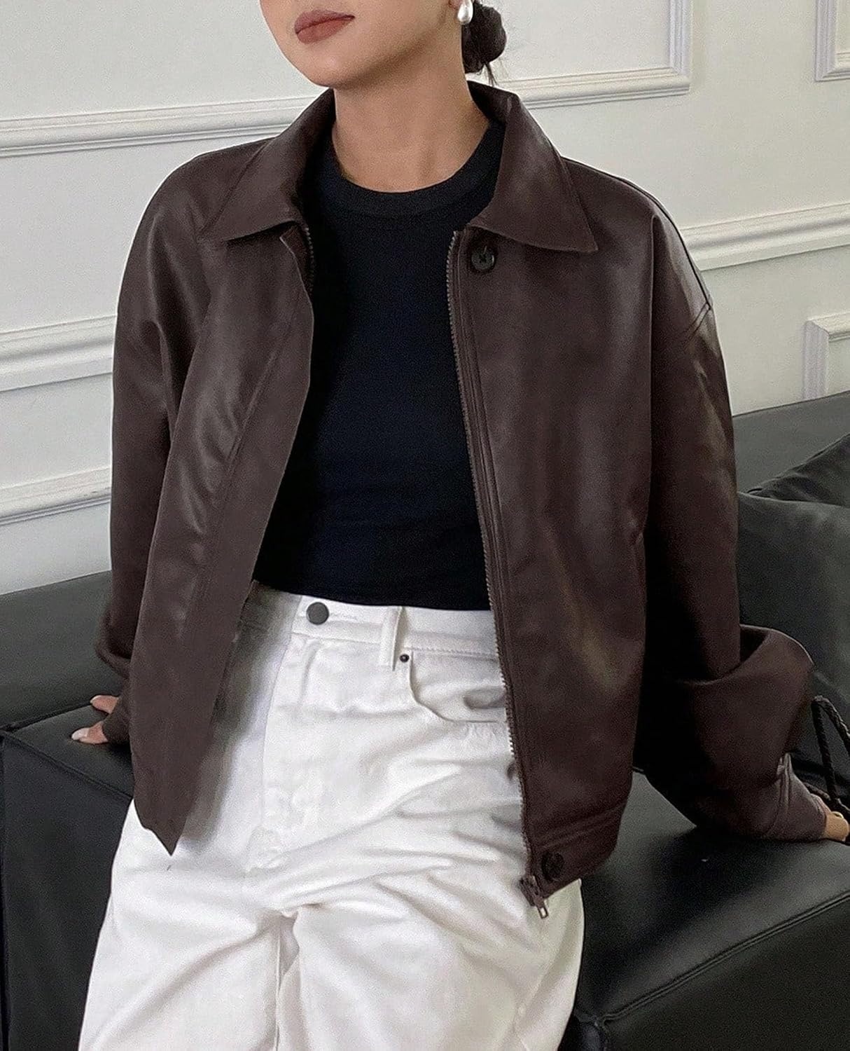image:imagePRETTYGARDEN Womens Faux Leather Oversized Motorcycle JacketsCoffee