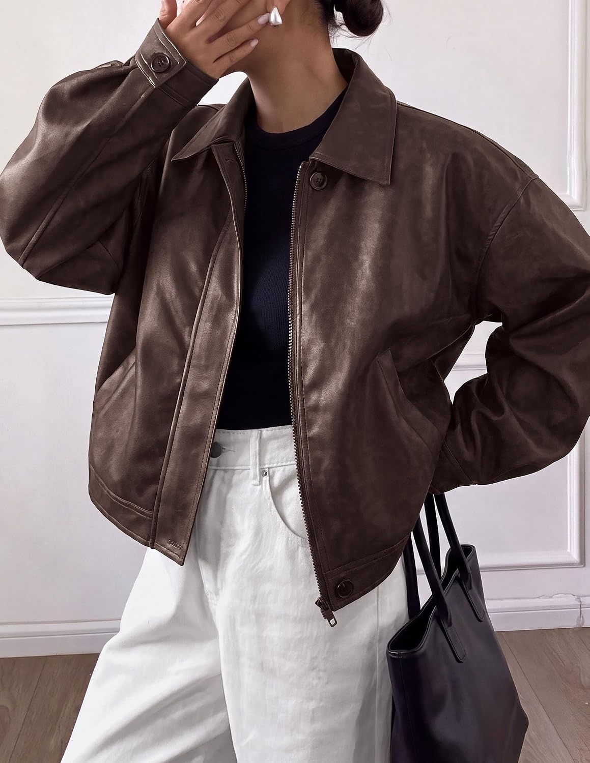 image:imagePRETTYGARDEN Womens Faux Leather Oversized Motorcycle JacketsCoffee