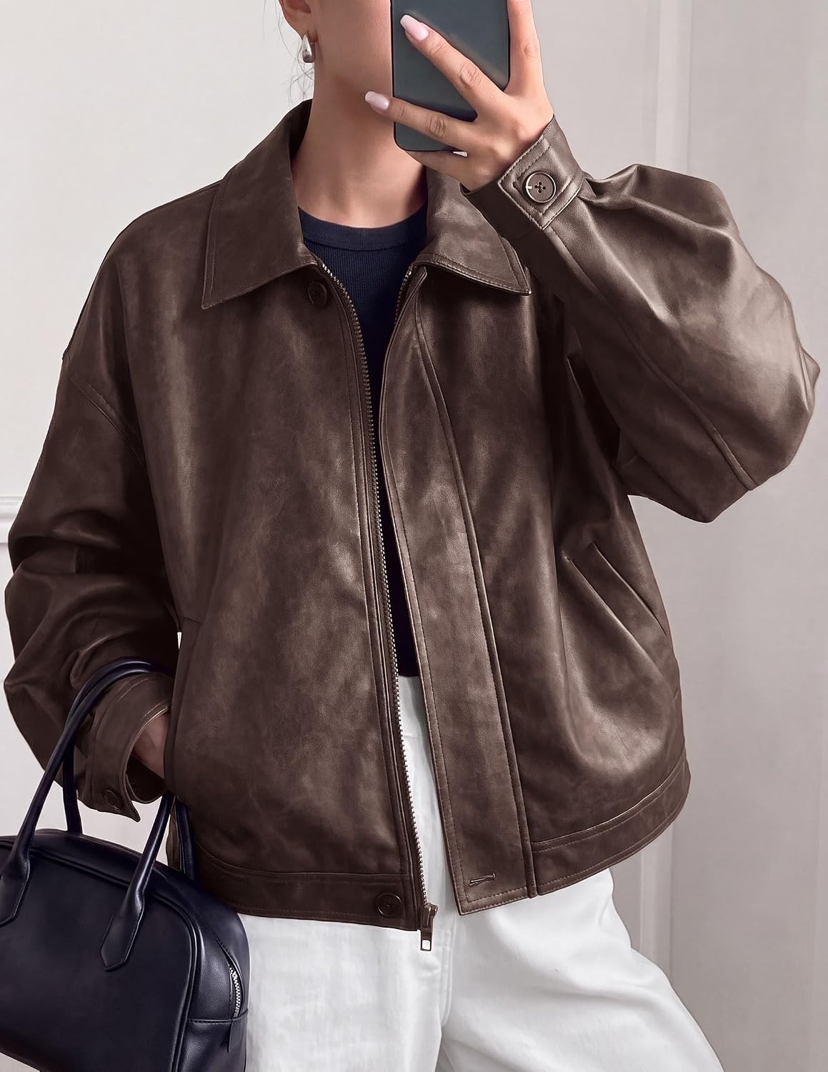 image:imagePRETTYGARDEN Womens Faux Leather Oversized Motorcycle JacketsCoffee