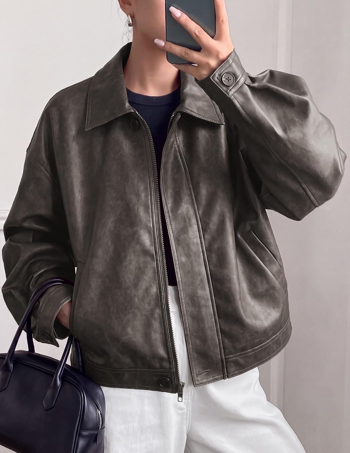 image:imagePRETTYGARDEN Womens Faux Leather Oversized Motorcycle JacketsGrey