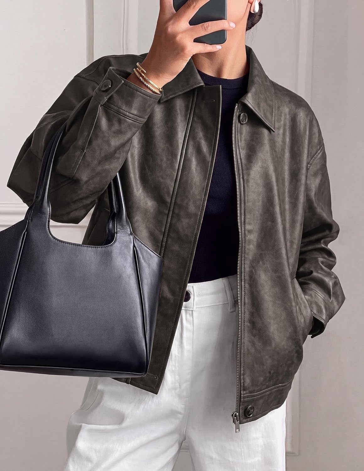 image:imagePRETTYGARDEN Womens Faux Leather Oversized Motorcycle JacketsGrey