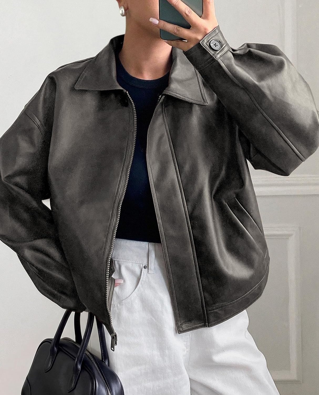 image:imagePRETTYGARDEN Womens Faux Leather Oversized Motorcycle JacketsGrey