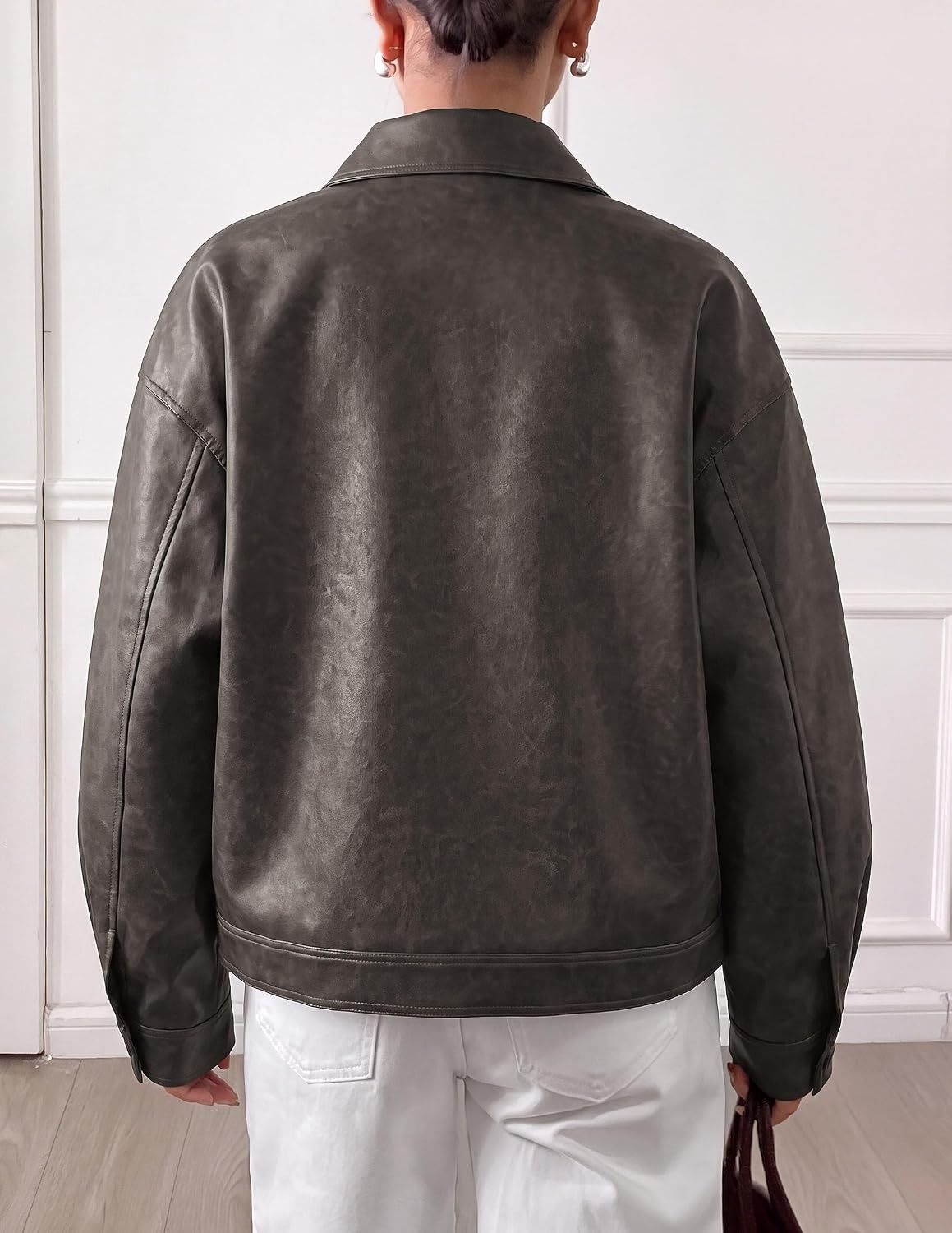 image:imagePRETTYGARDEN Womens Faux Leather Oversized Motorcycle JacketsGrey