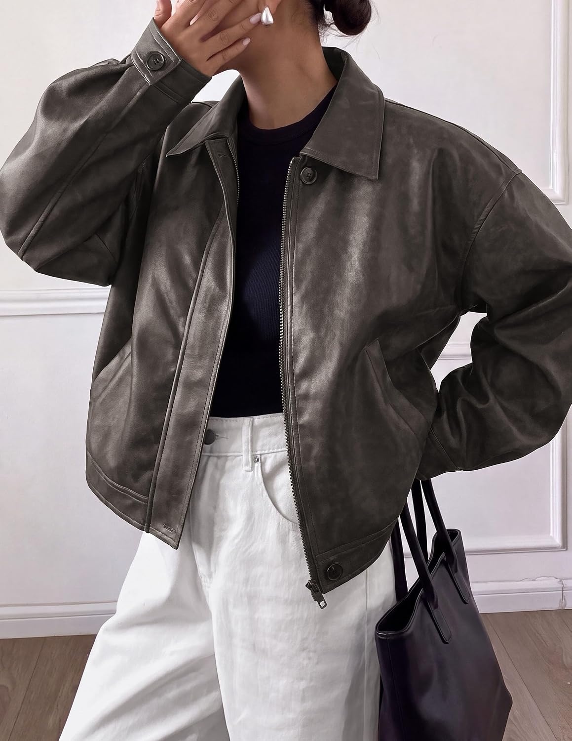image:imagePRETTYGARDEN Womens Faux Leather Oversized Motorcycle JacketsGrey