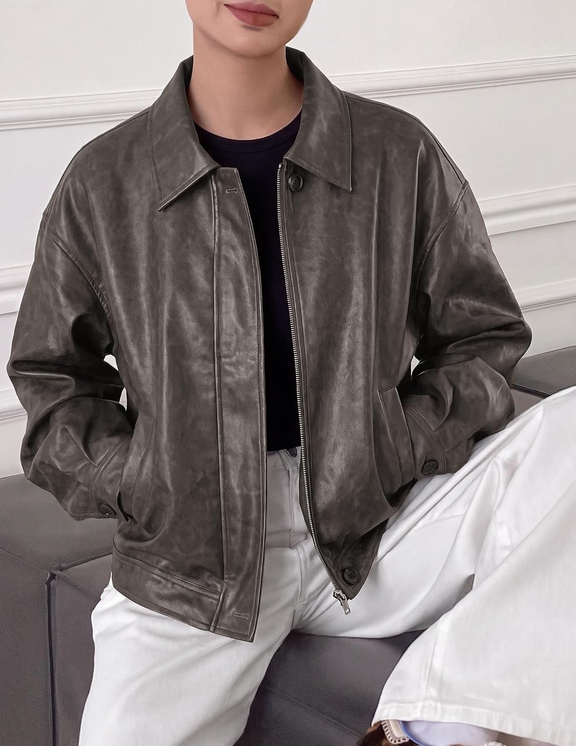 image:imagePRETTYGARDEN Womens Faux Leather Oversized Motorcycle JacketsGrey