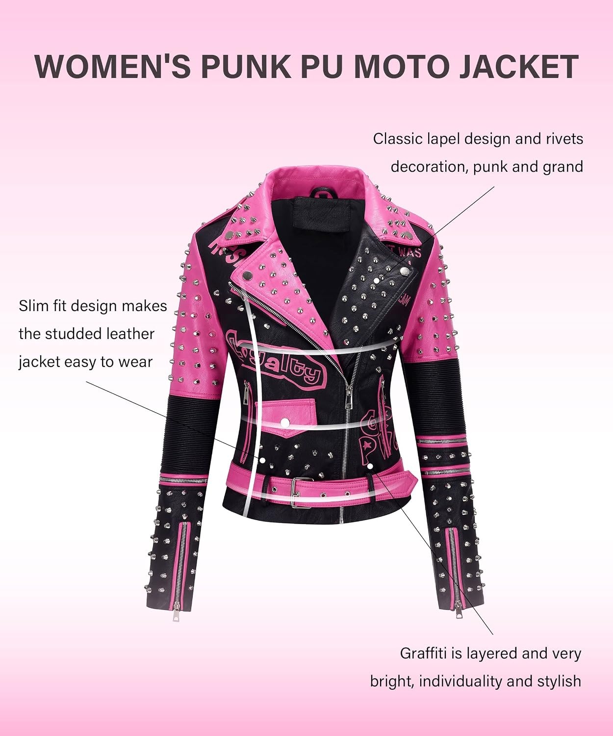 image:imageRISISSIDA Women Faux Leather Studded Moto Jacket Belted Short Streetwear076 Blackpink