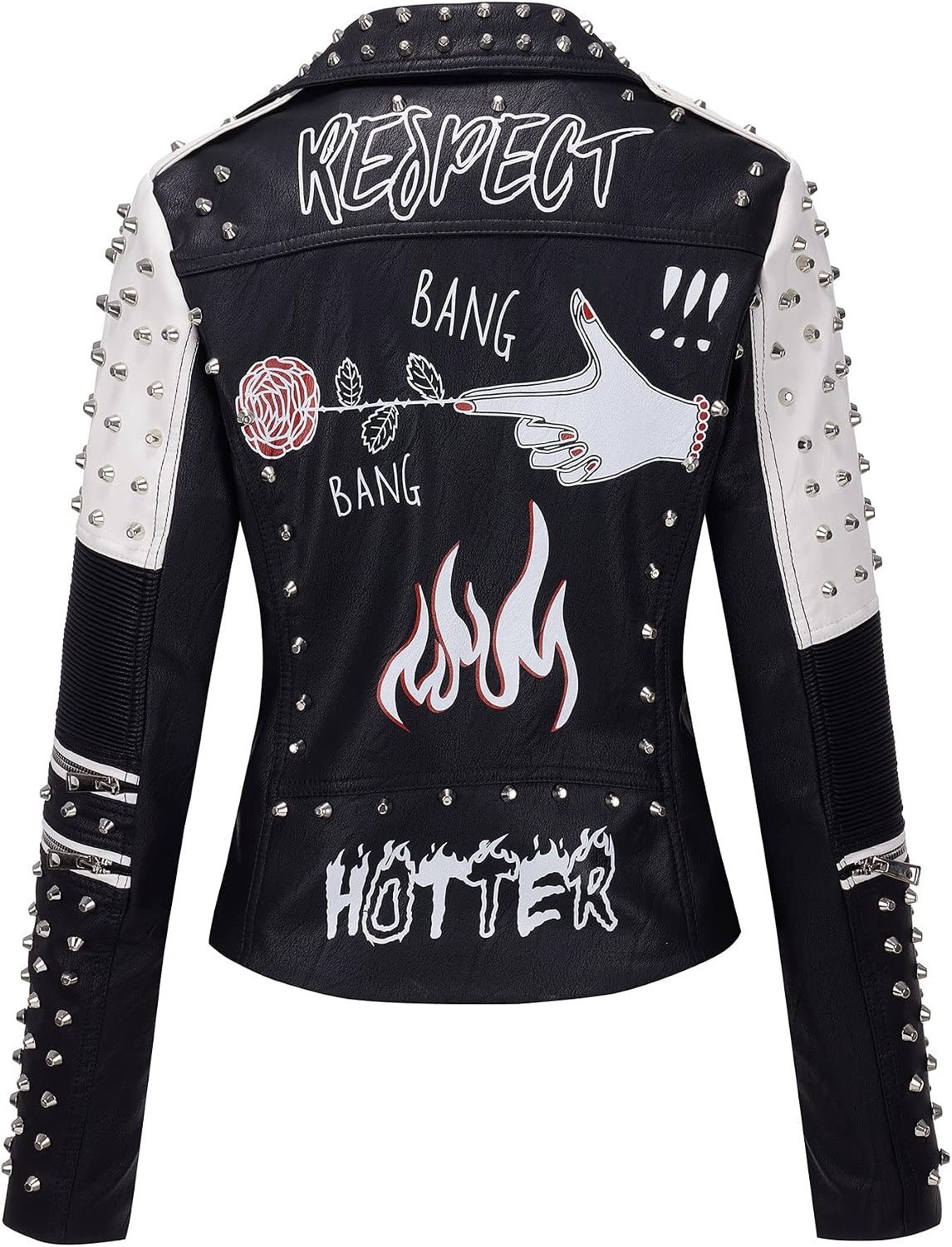 image:imageRISISSIDA Women Faux Leather Studded Moto Jacket Belted Short Streetwear76 Blackwhite