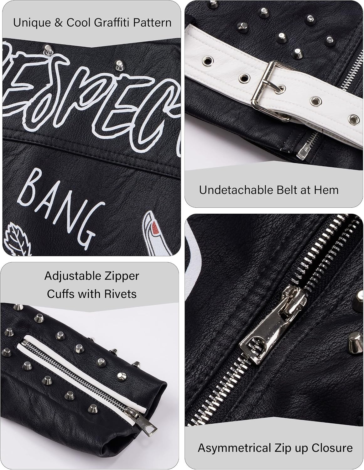 image:imageRISISSIDA Women Faux Leather Studded Moto Jacket Belted Short Streetwear76 Blackwhite