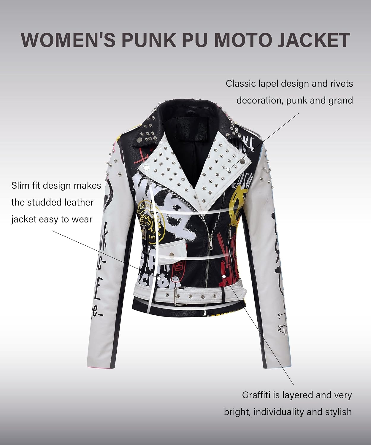 image:imageRISISSIDA Women Faux Leather Studded Moto Jacket Belted Short Streetwear77 Blackwhite