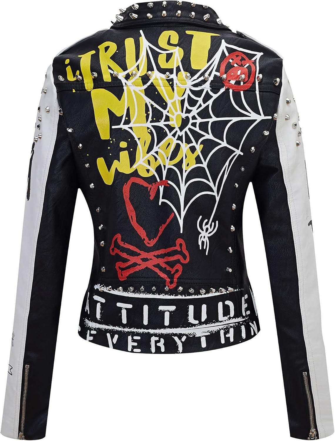 image:imageRISISSIDA Women Faux Leather Studded Moto Jacket Belted Short Streetwear77 Blackwhite