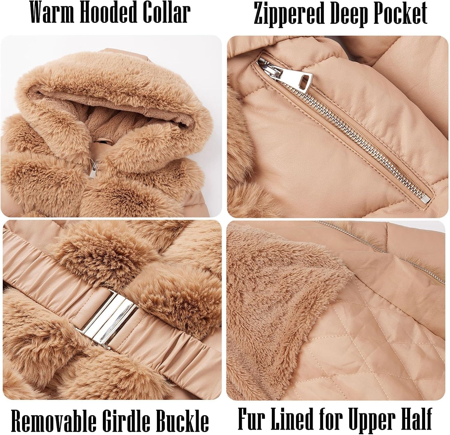 image:imageRISISSIDA Women Winter Puffer Leather Coat with Fur Trim HoodedApricot Orange