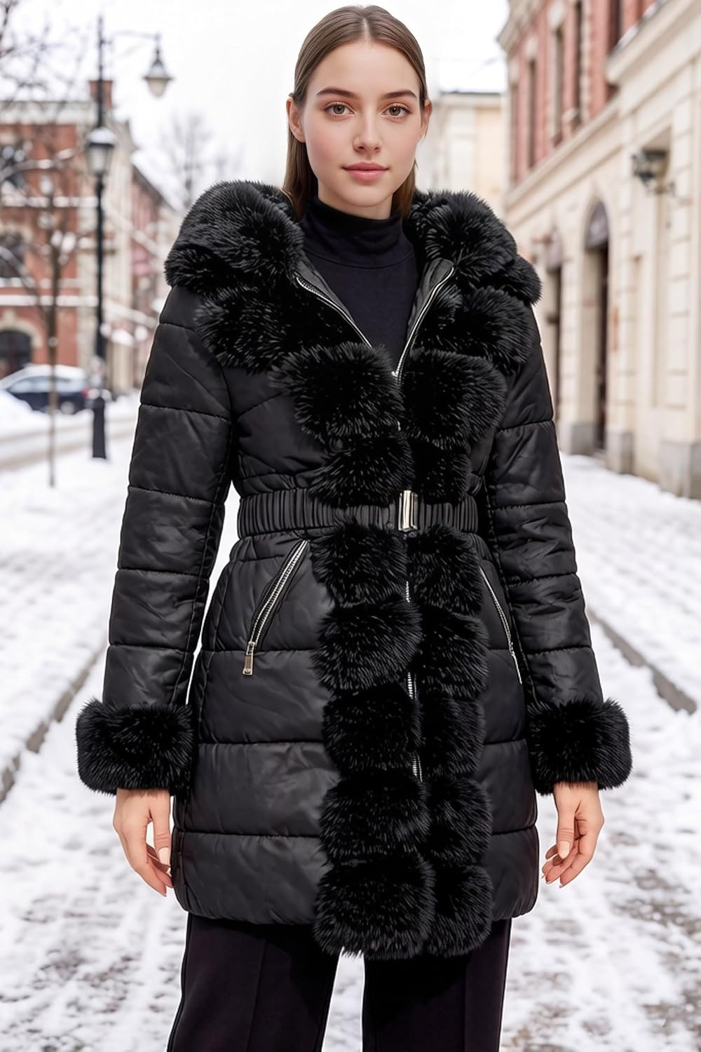 image:imageRISISSIDA Women Winter Puffer Leather Coat with Fur Trim HoodedBlack