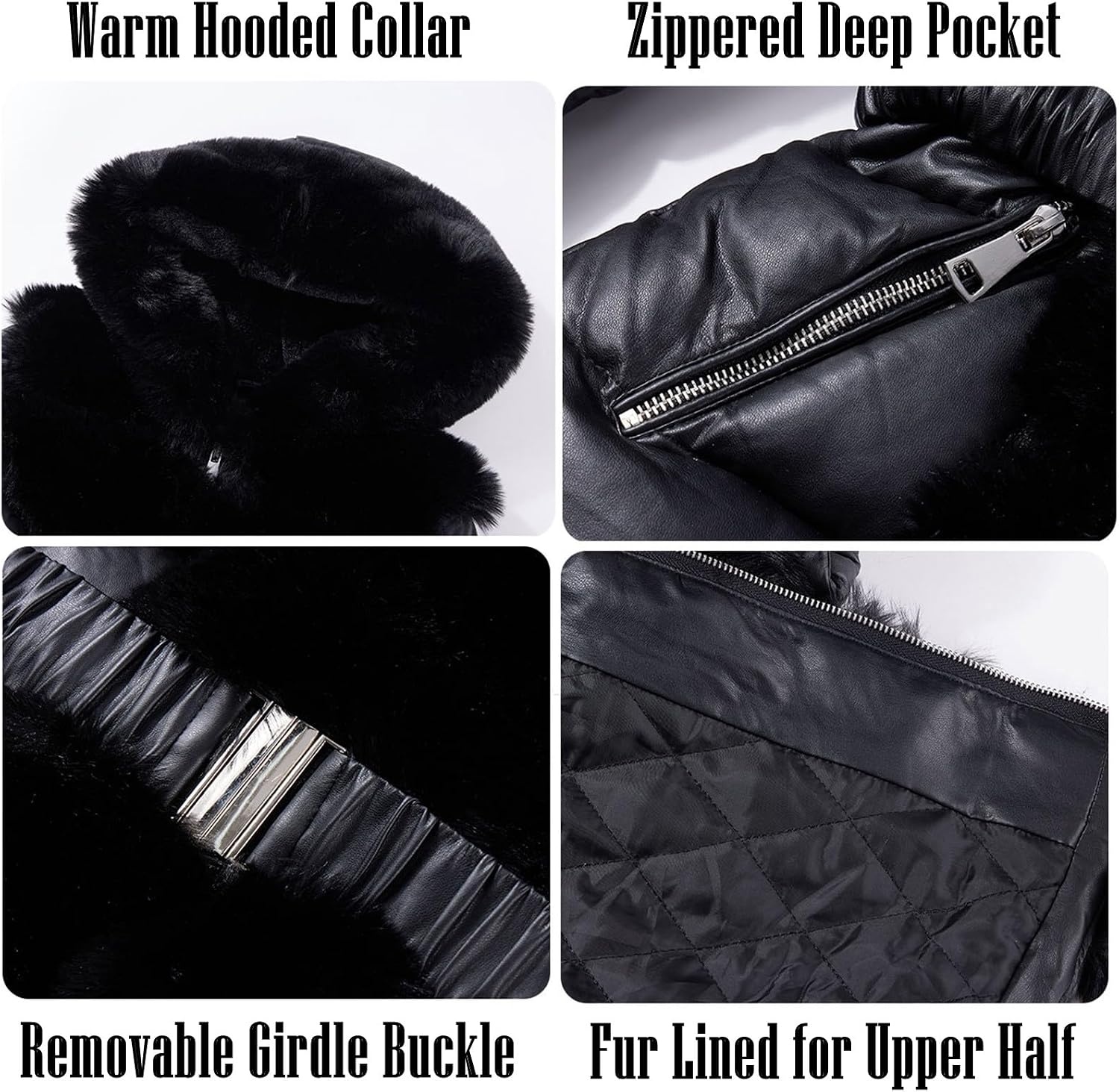 image:imageRISISSIDA Women Winter Puffer Leather Coat with Fur Trim HoodedBlack