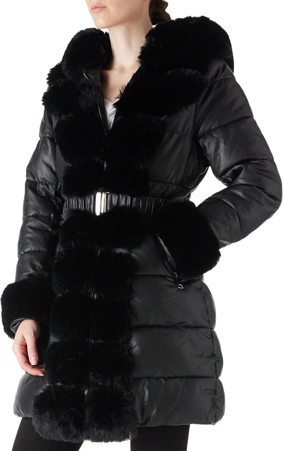 image:imageRISISSIDA Women Winter Puffer Leather Coat with Fur Trim HoodedBlack