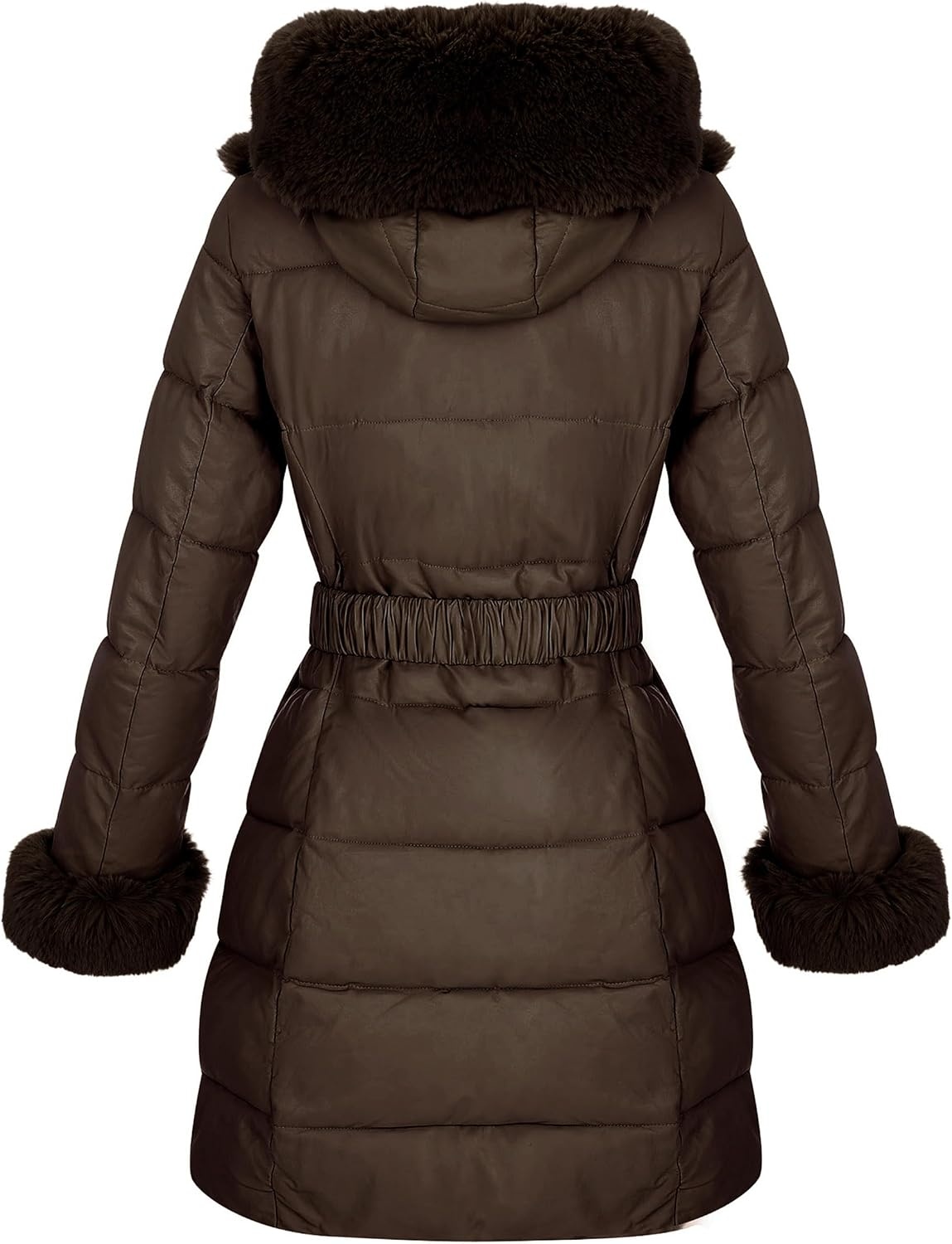 image:imageRISISSIDA Women Winter Puffer Leather Coat with Fur Trim HoodedBrown