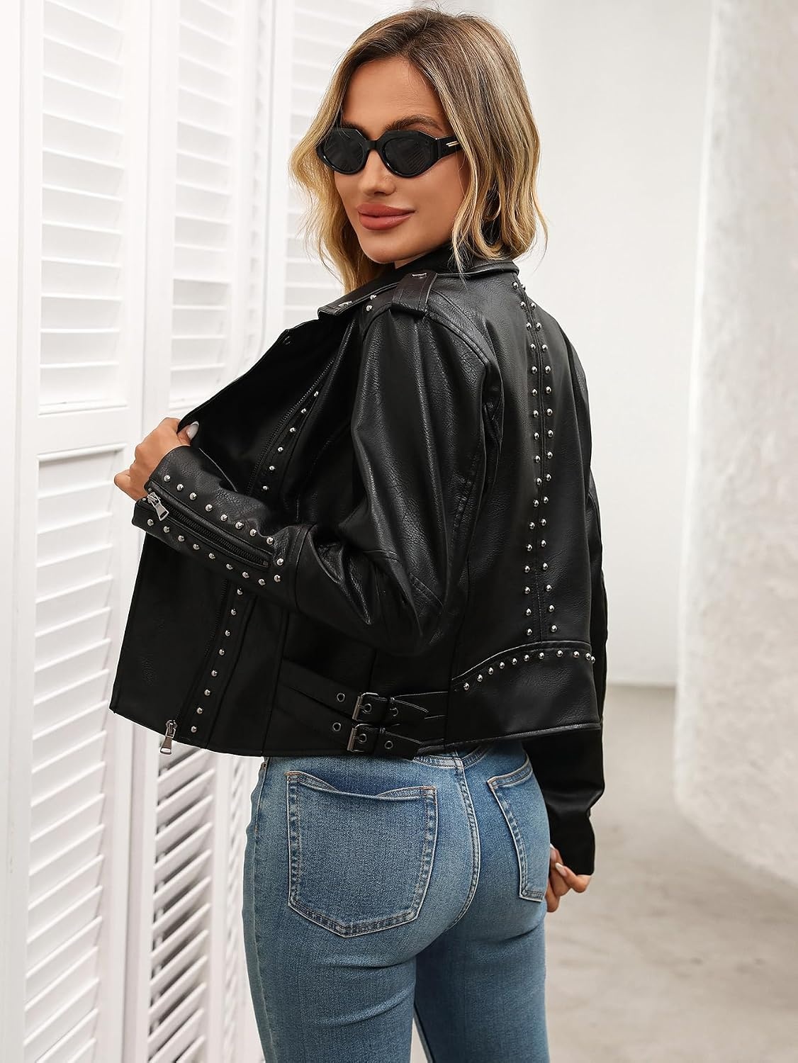 image:imageStudded Faux Leather Moto Jacket Women Black PU Biker Coat with Rivets8853black