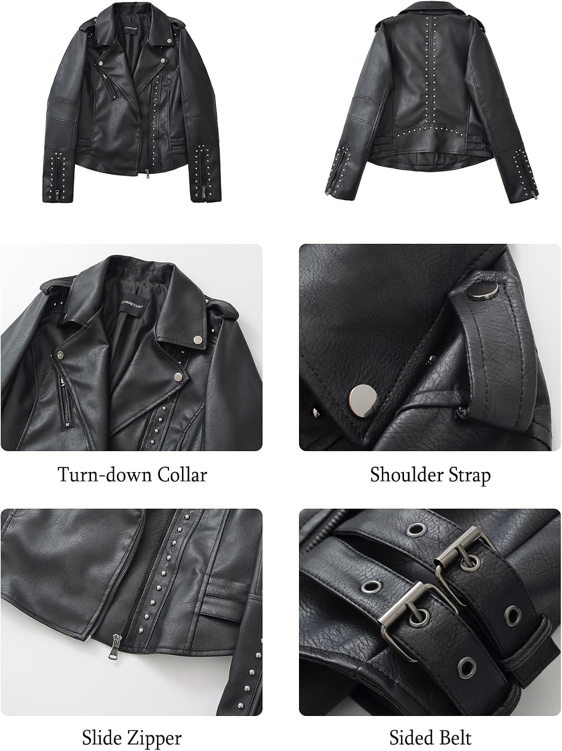 image:imageStudded Faux Leather Moto Jacket Women Black PU Biker Coat with Rivets8853black