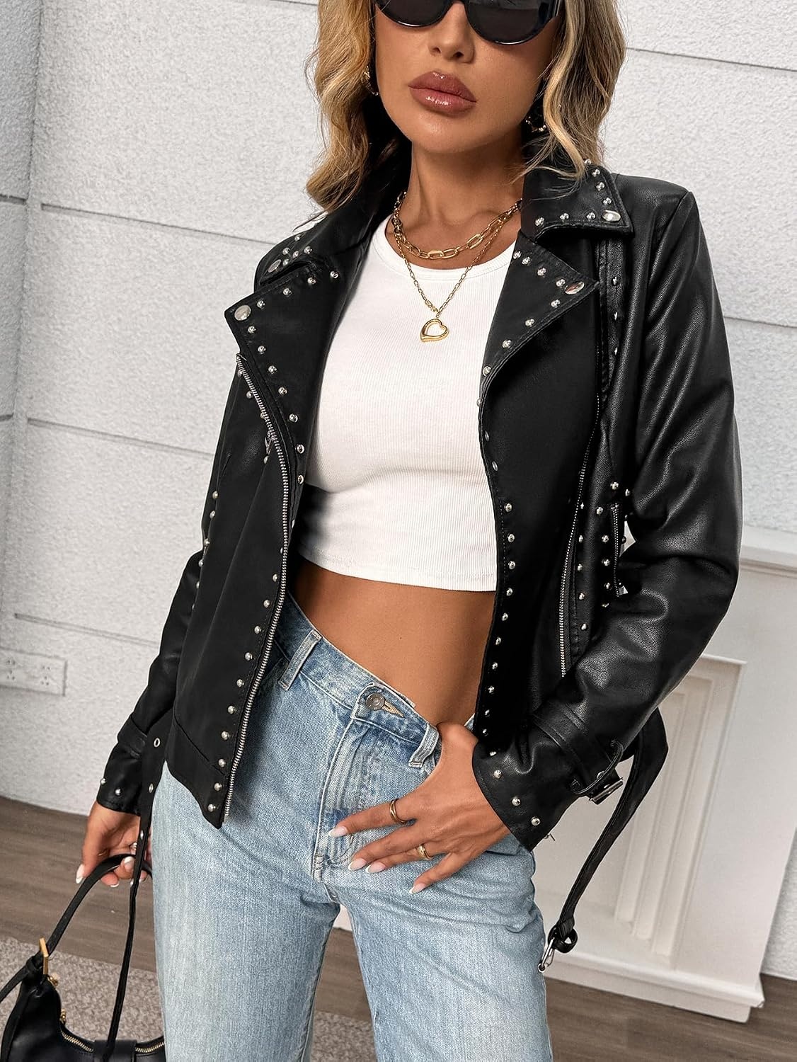 image:imageStudded Faux Leather Moto Jacket Women Black PU Biker Coat with RivetsBlack