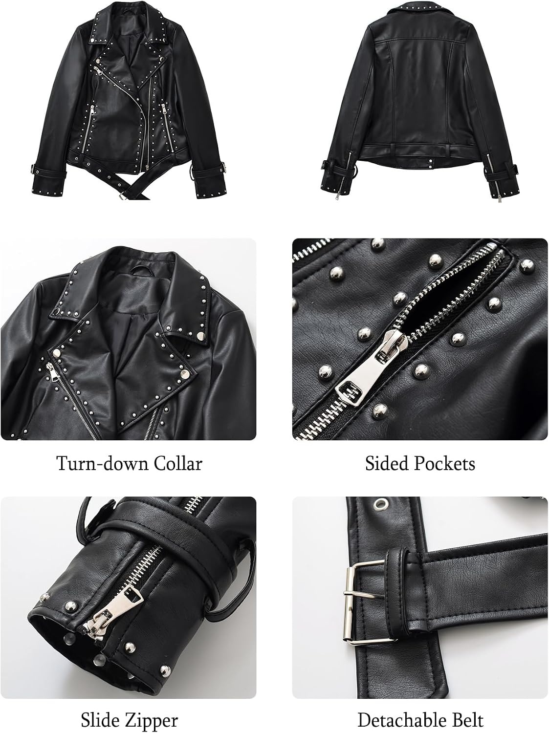 image:imageStudded Faux Leather Moto Jacket Women Black PU Biker Coat with RivetsBlack