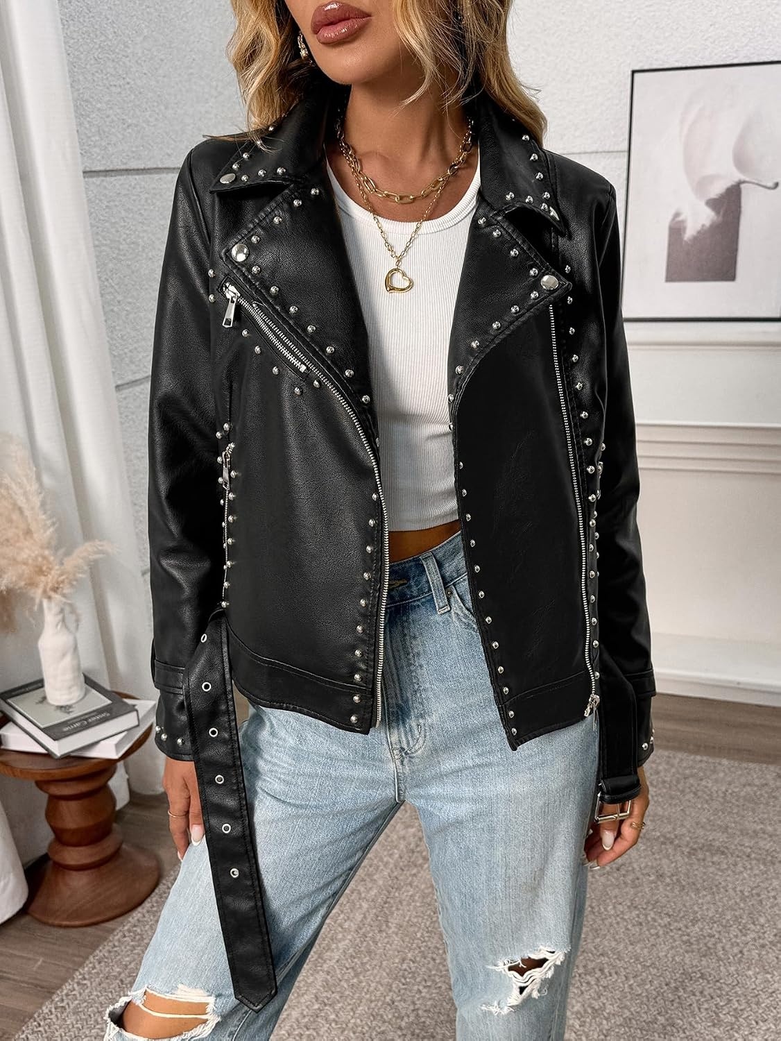 image:imageStudded Faux Leather Moto Jacket Women Black PU Biker Coat with RivetsBlack