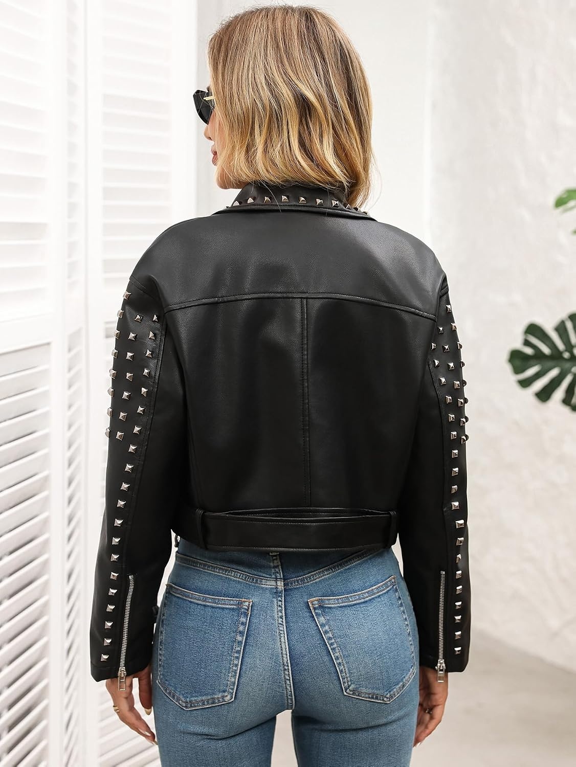 image:imageStudded Faux Leather Moto Jacket Women Black PU Biker Coat with RivetsK509black