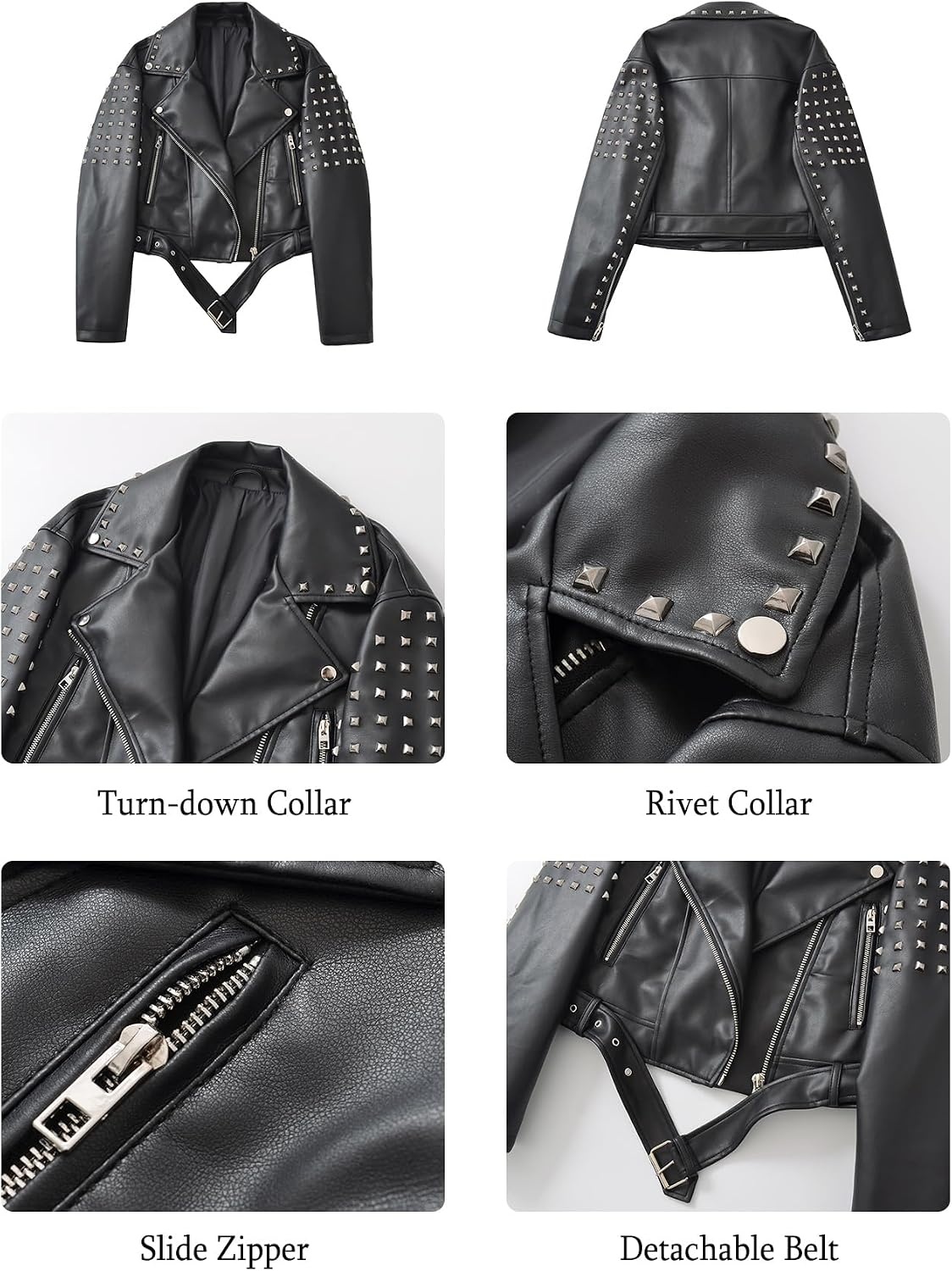 image:imageStudded Faux Leather Moto Jacket Women Black PU Biker Coat with RivetsK509black