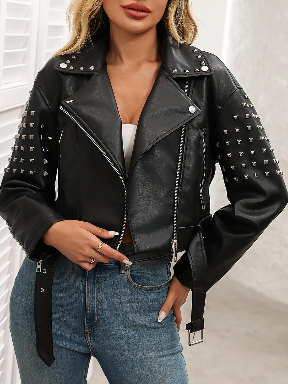 image:imageStudded Faux Leather Moto Jacket Women Black PU Biker Coat with RivetsK509black