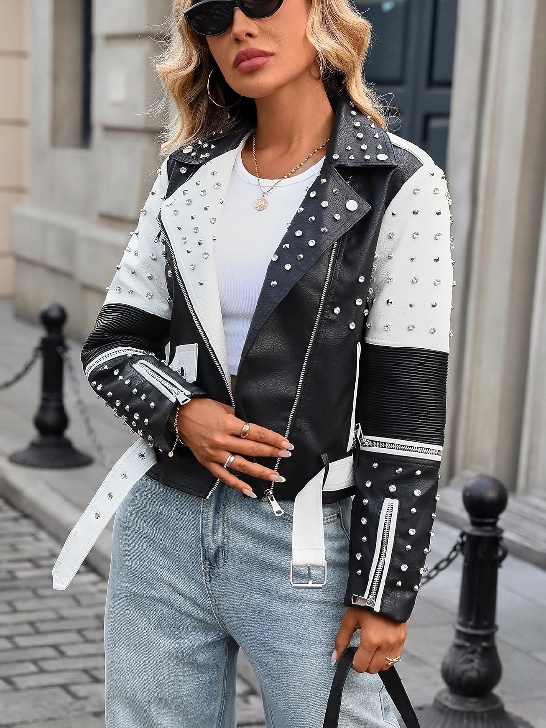 image:imageStudded Faux Leather Moto Jacket Women Black PU Biker Coat with RivetsXy853black