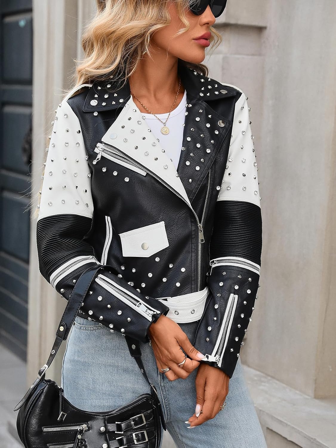 image:imageStudded Faux Leather Moto Jacket Women Black PU Biker Coat with RivetsXy853black