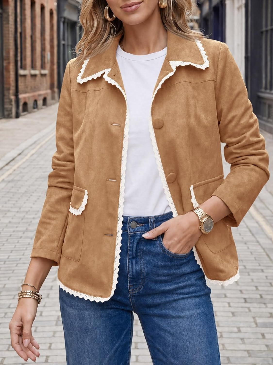 image:imageTankaneo Womens Faux Suede Leather Jackets Trendy Casual Button Down CoatsBrown