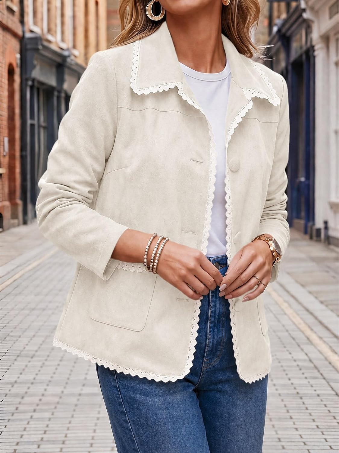image:imageTankaneo Womens Faux Suede Leather Jackets Trendy Casual Button Down CoatsOffwhite