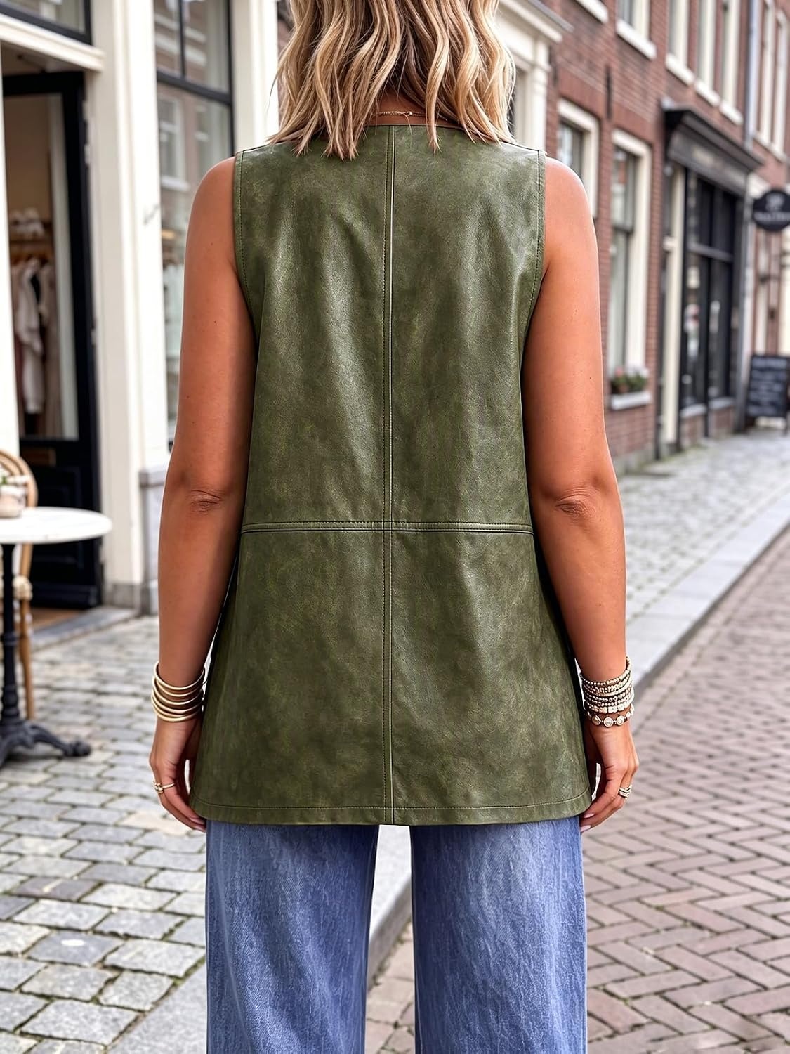 image:imageTankaneo Womens Oversized Faux Leather Long Vest V Neck Sleeveless JacketArmy Green