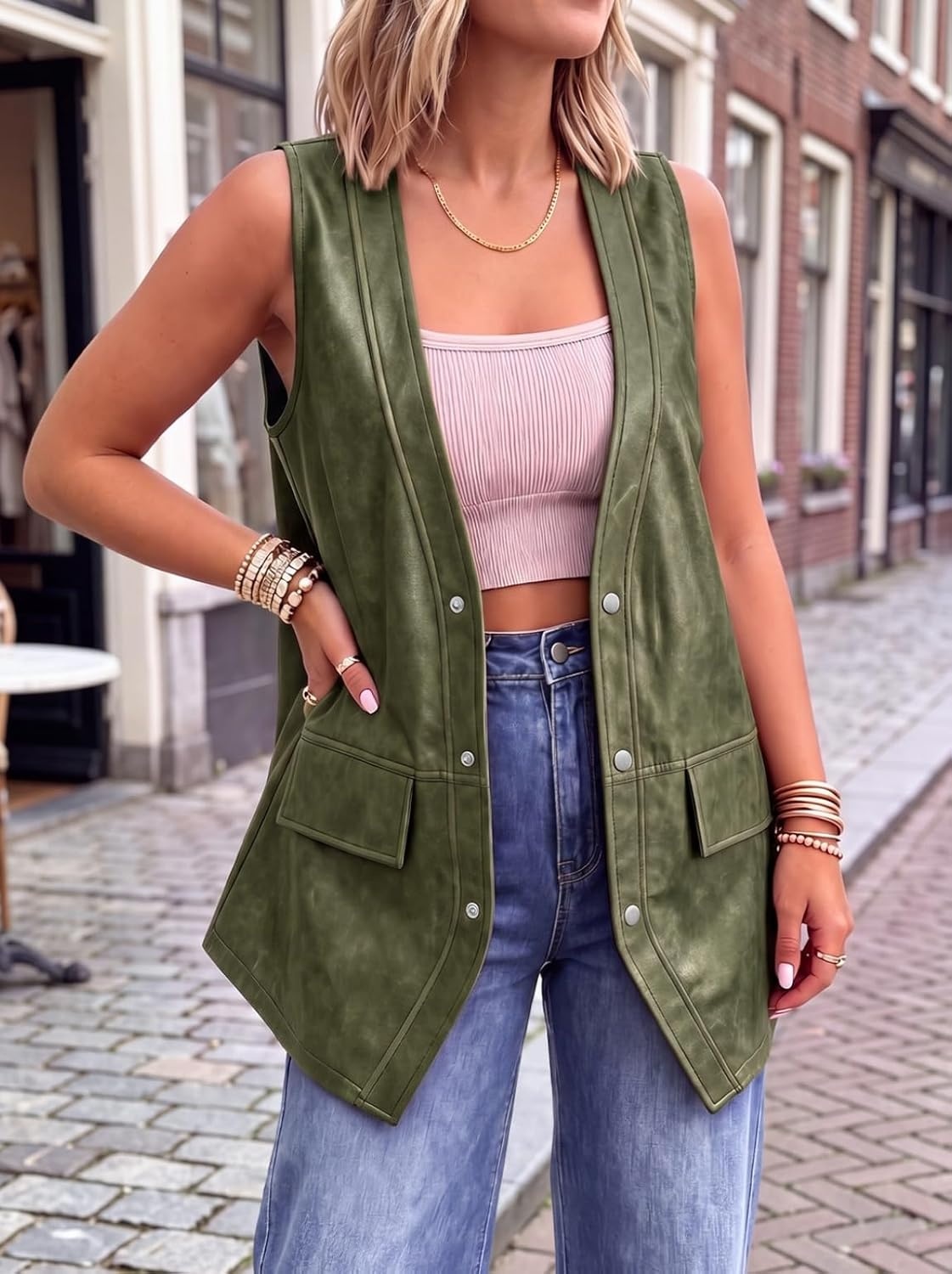image:imageTankaneo Womens Oversized Faux Leather Long Vest V Neck Sleeveless JacketArmy Green