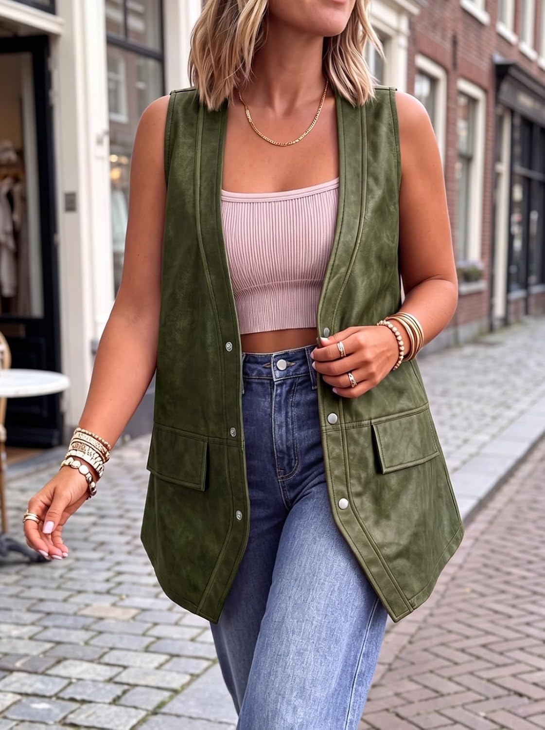 image:imageTankaneo Womens Oversized Faux Leather Long Vest V Neck Sleeveless JacketArmy Green