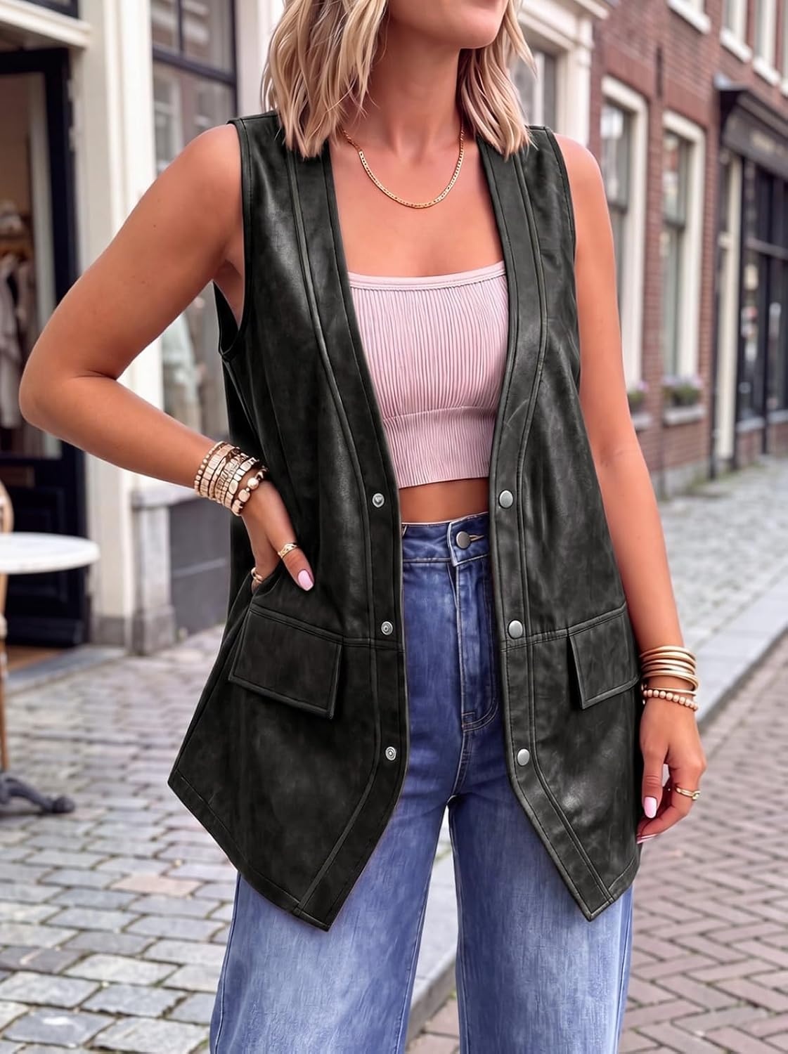 image:imageTankaneo Womens Oversized Faux Leather Long Vest V Neck Sleeveless JacketBlack