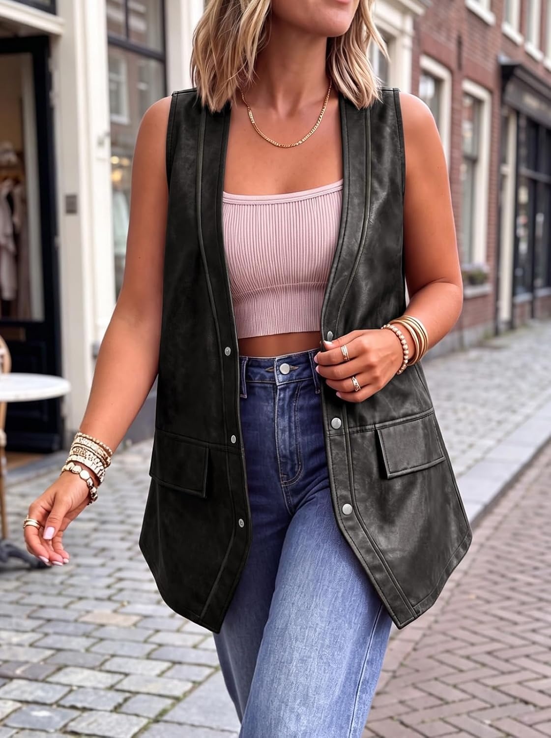 image:imageTankaneo Womens Oversized Faux Leather Long Vest V Neck Sleeveless JacketBlack