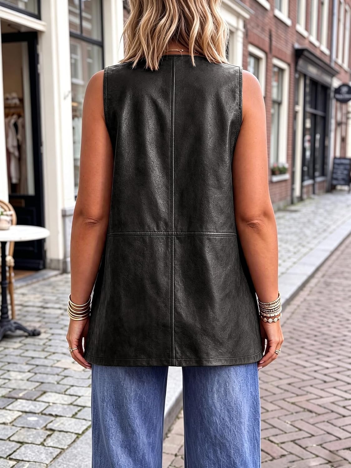 image:imageTankaneo Womens Oversized Faux Leather Long Vest V Neck Sleeveless JacketBlack