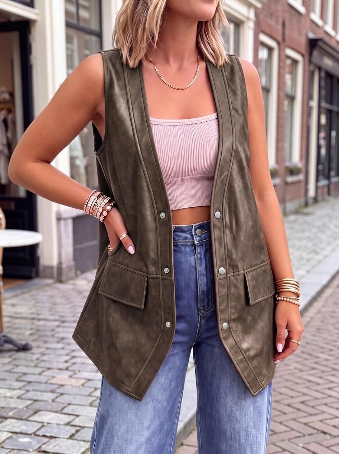image:imageTankaneo Womens Oversized Faux Leather Long Vest V Neck Sleeveless JacketDark Brown