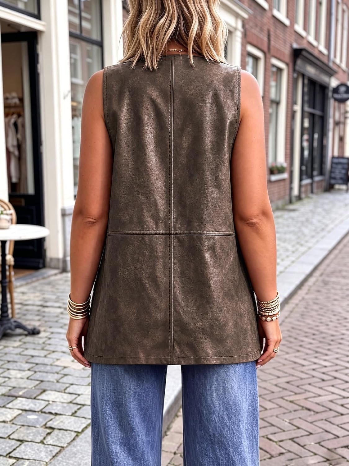 image:imageTankaneo Womens Oversized Faux Leather Long Vest V Neck Sleeveless JacketDark Brown