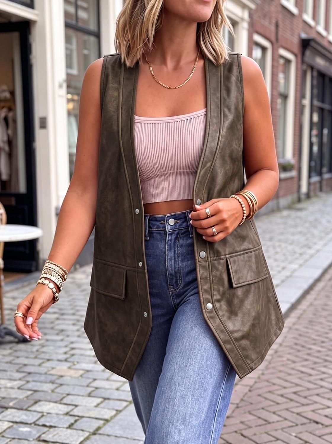image:imageTankaneo Womens Oversized Faux Leather Long Vest V Neck Sleeveless JacketDark Brown