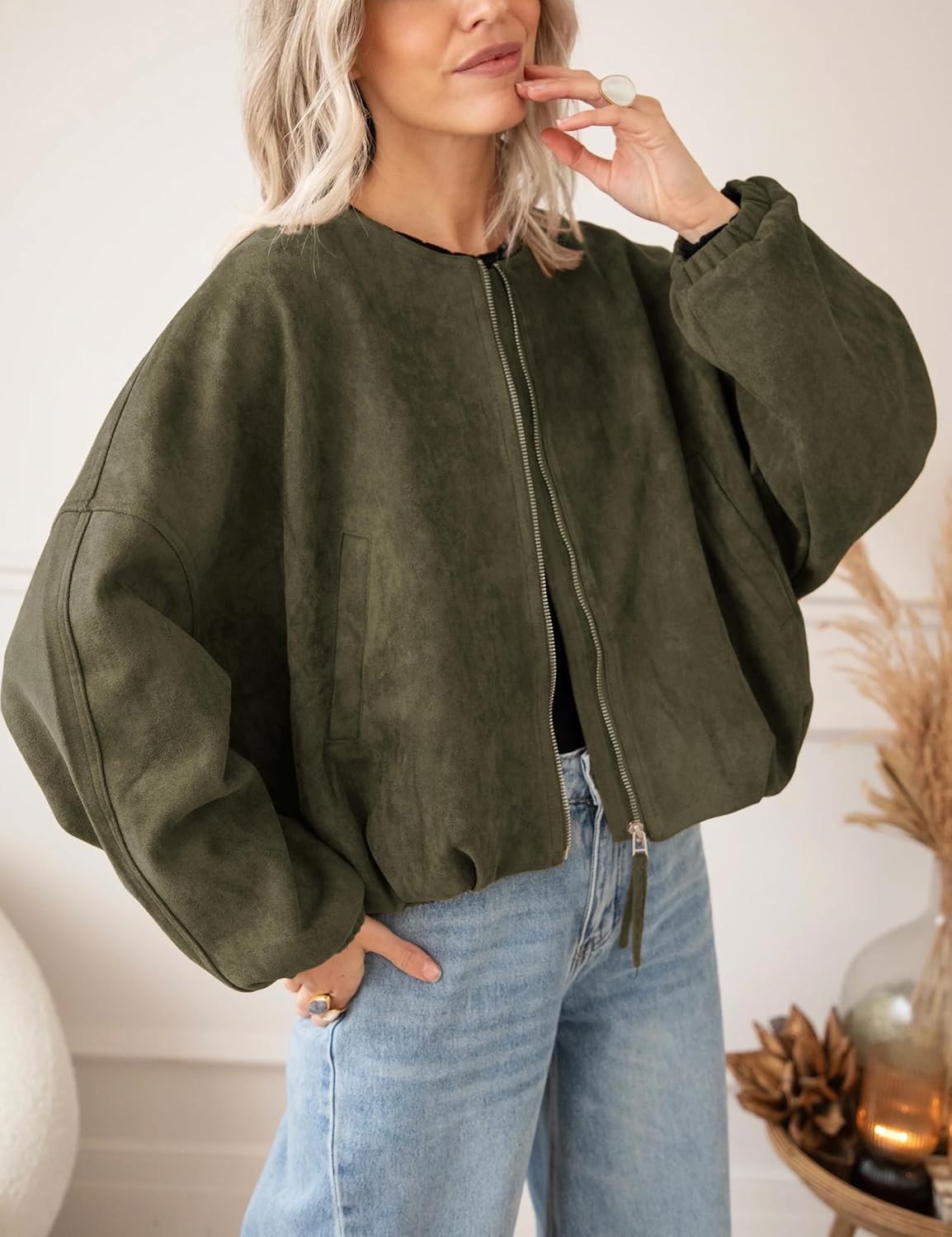 image:imageTanming Womens Faux Suede Bomber Jacket Oversized CoatsArmy Green