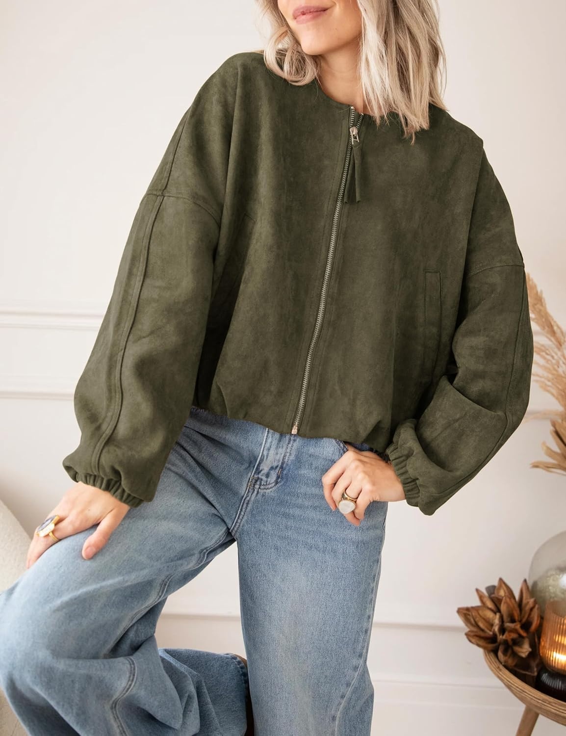 image:imageTanming Womens Faux Suede Bomber Jacket Oversized CoatsArmy Green