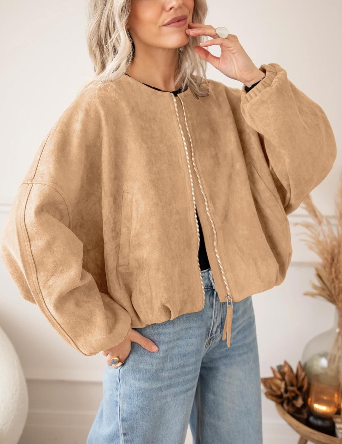image:imageTanming Womens Faux Suede Bomber Jacket Oversized CoatsKhaki