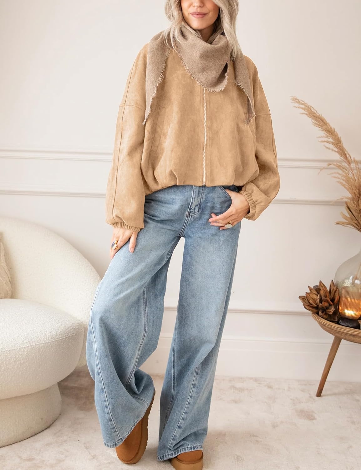 image:imageTanming Womens Faux Suede Bomber Jacket Oversized CoatsKhaki