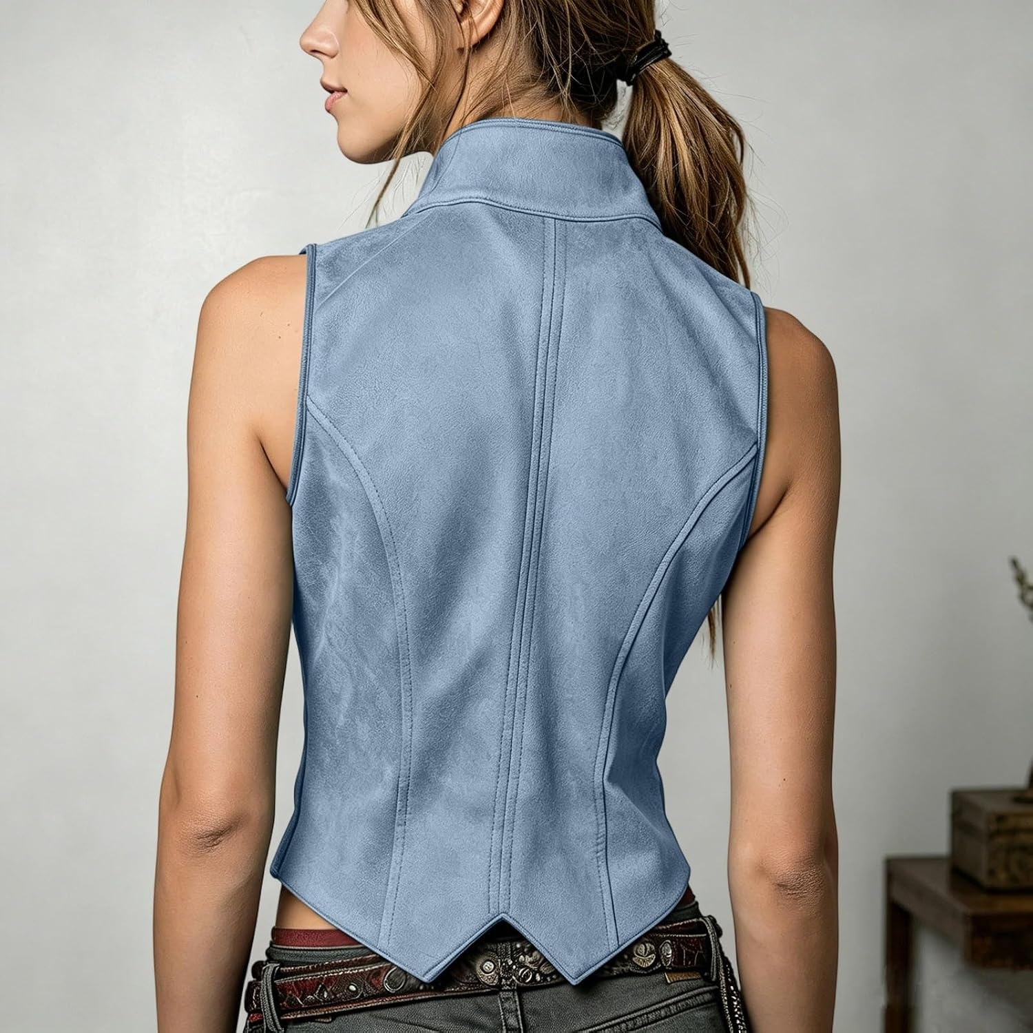 image:imageWestern Vest Women Sleeveless Faux Suede Leather WaistcoatLight Blue